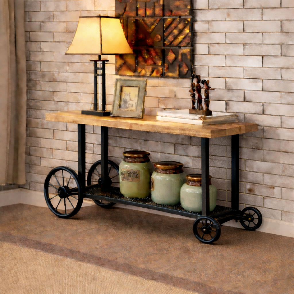 Industrial Wheel Console Table
